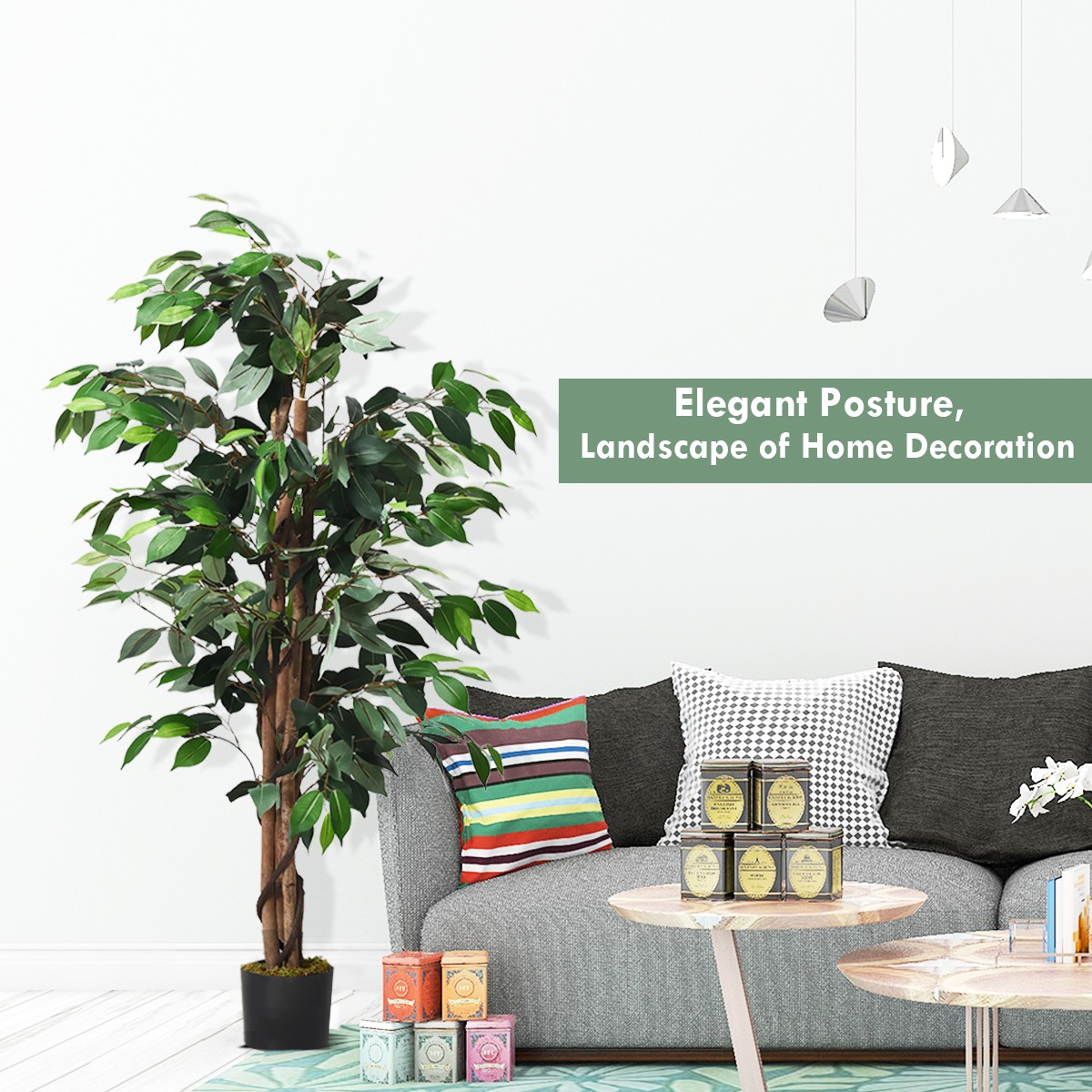 4 Feet Artificial Ficus Silk Tree Living Room Decoration Wood Trunks Green