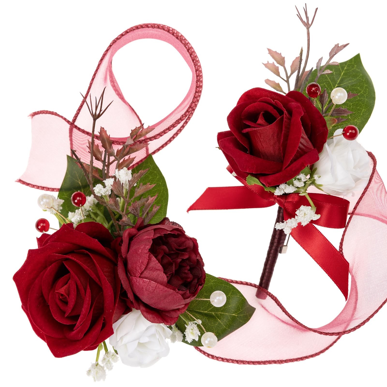Red Silk Wrist Corsage Boutonniere Set Faux Rose Peony Wedding Prom Party