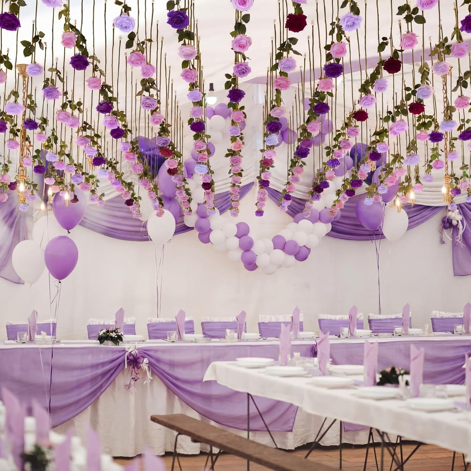60 Pack Purple Rose Hanging Floral Garland for Weddings & Parties Decor