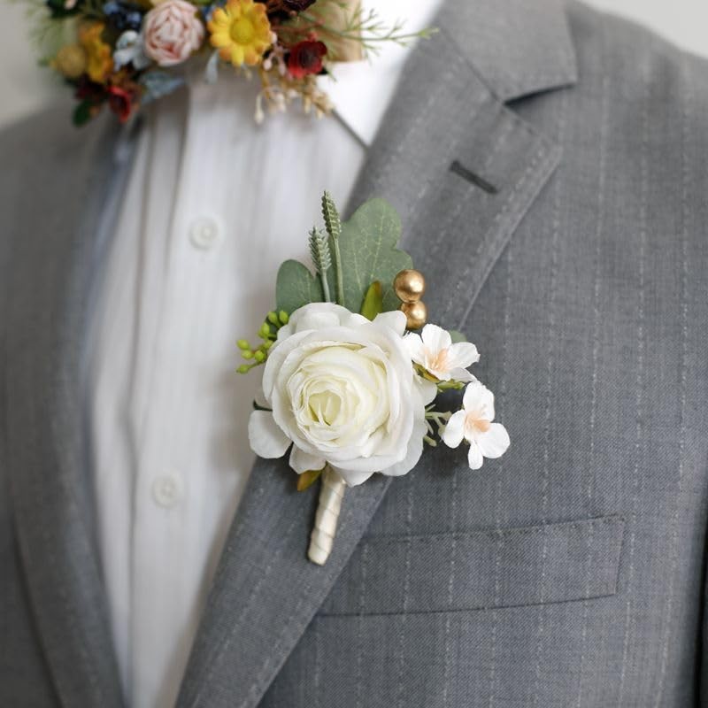 White Bride Wedding Rose Boutonniere Groom Flower Buttonholes Prom Suit