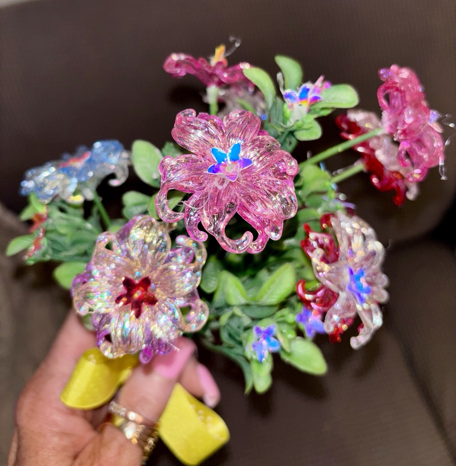 Small Handmade Bouquet Acrylic Iridescent 11” Wrapped In Grosgrain Ribbon OOAK
