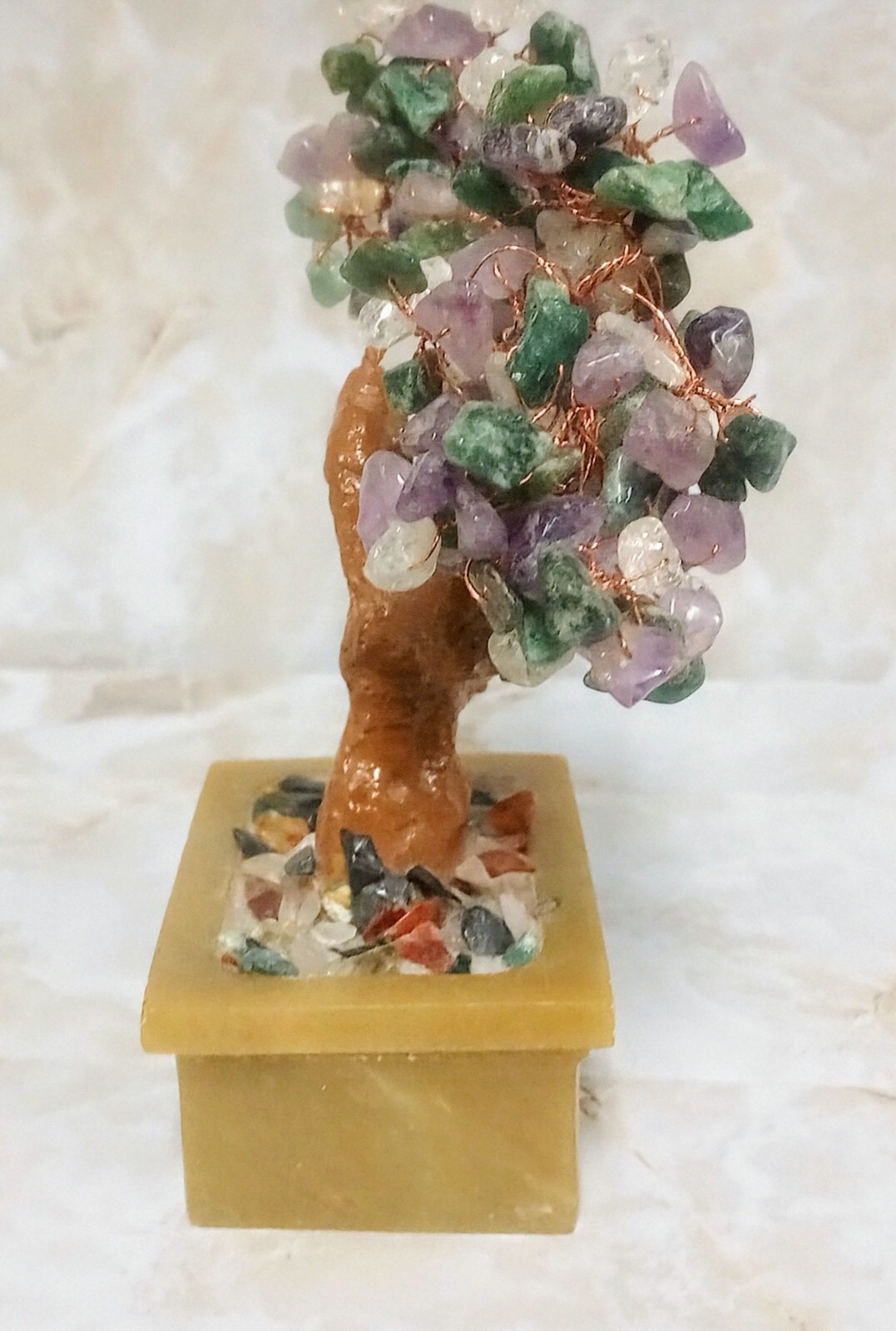Japanese Amethyst Quartz Gemstone Bonsai Tree In Stone Pot 5.5″