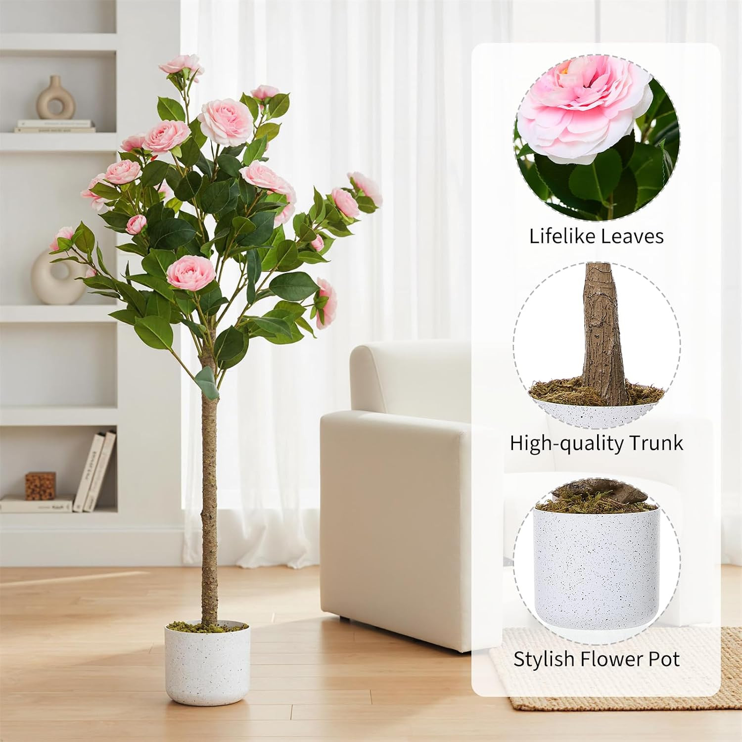 3.6FT Faux Camellia Tree with 20 Pink Flowers for Home and Office Decor