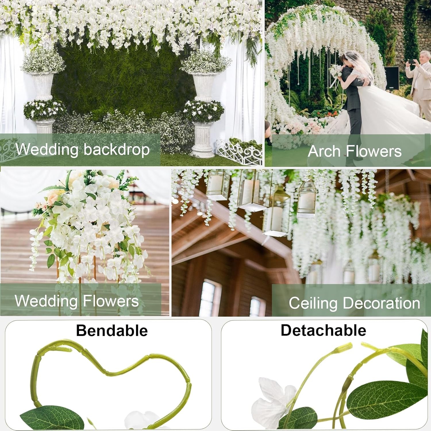 60 Branches Wisteria Hanging Flowers, Artificial White Wisteria Flowers Garland