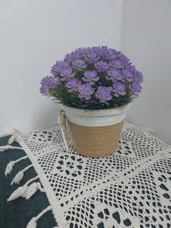 Artificial Lavender Purple Flowers in Rustic Burlap Pot Farmhouse Home Decor