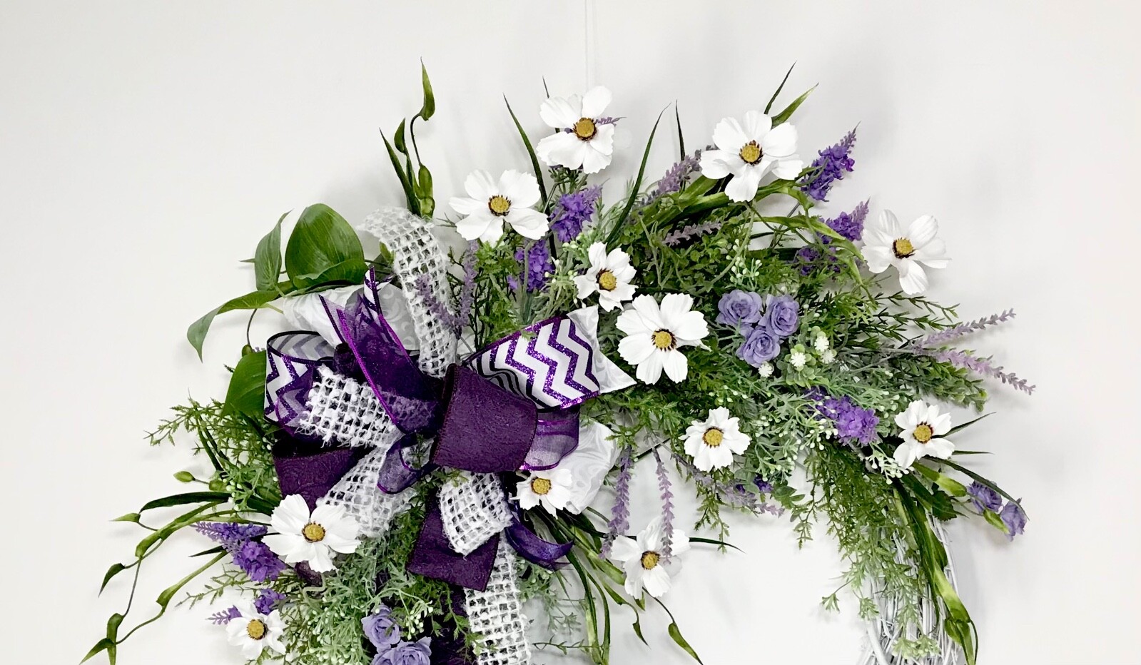SPRING WHITE GRAPEVINE WREATH FRONT DOOR PURPLE SPRING FLOWERS HANDMADE NEW