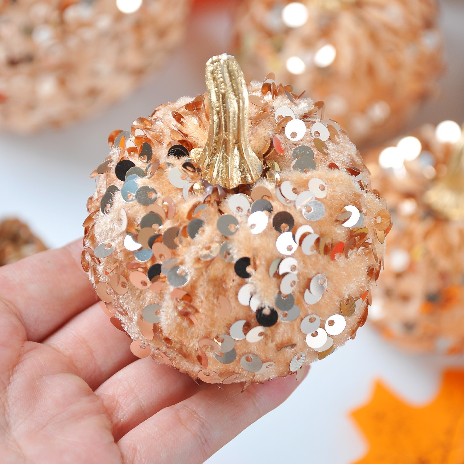 Sequin Pumpkin Decor 7 Piece Set in 4 Sizes for Table Centerpiece Display