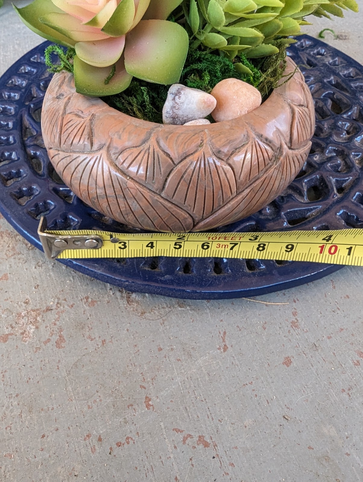 Carved Stone Lotus Bowl Repurposed W/Faux Succulents 5 In. Tall 4 In Wide