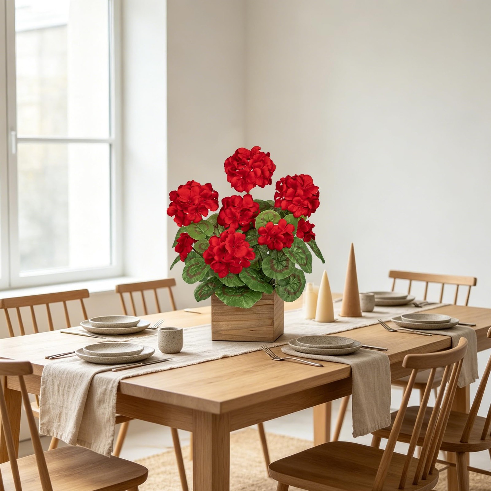 Artificial Geraniums Flowers in Square Wooden , Faux Red Silk Geranium Potted…