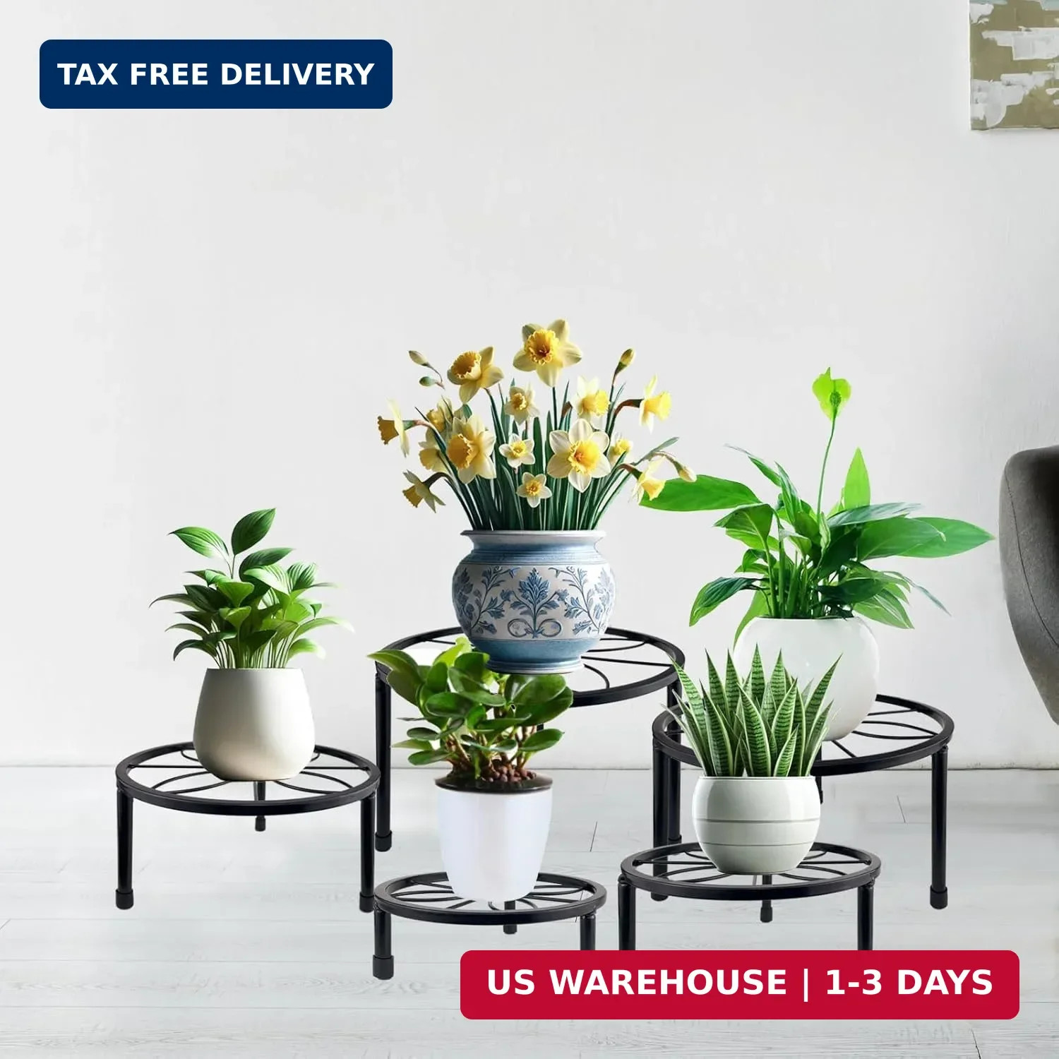 HENABLE 5 Packs Metal Plant Stand Indoor, Outdoor Black Plant Stand for Multiple