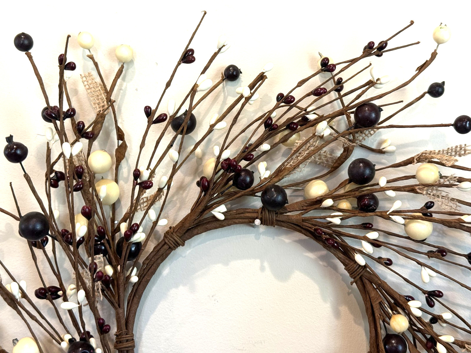 Primitive Rustic 17″ Burgundy Red and Cream Pip Rice Berry and Burlap Wreath