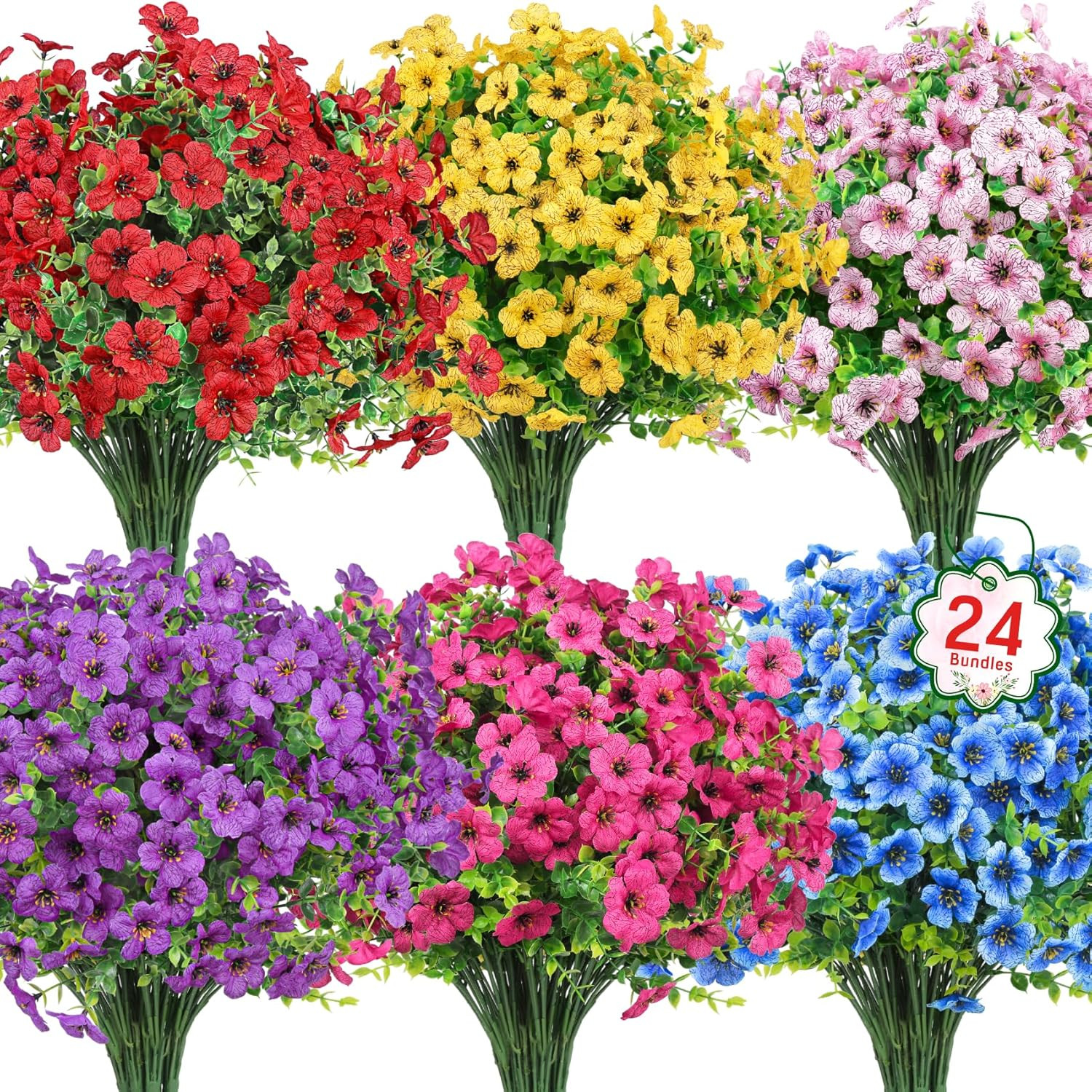 Ouddy Decor 24 Bundles Artificial Flowers for Outdoors Fake Silk Flowers UV Resi