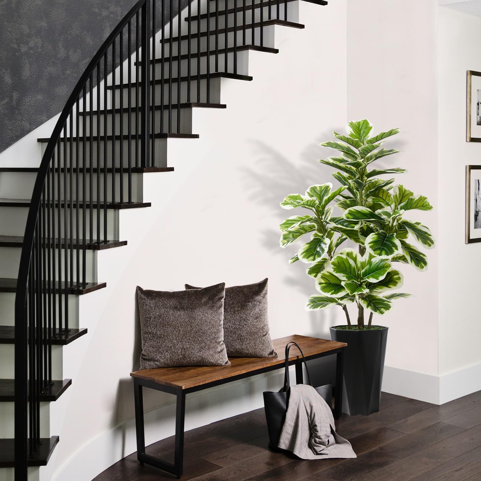 Artificial Fiddle Leaf Fig Tree 5FT Faux Rubber Plant with Black Diamond Pla…