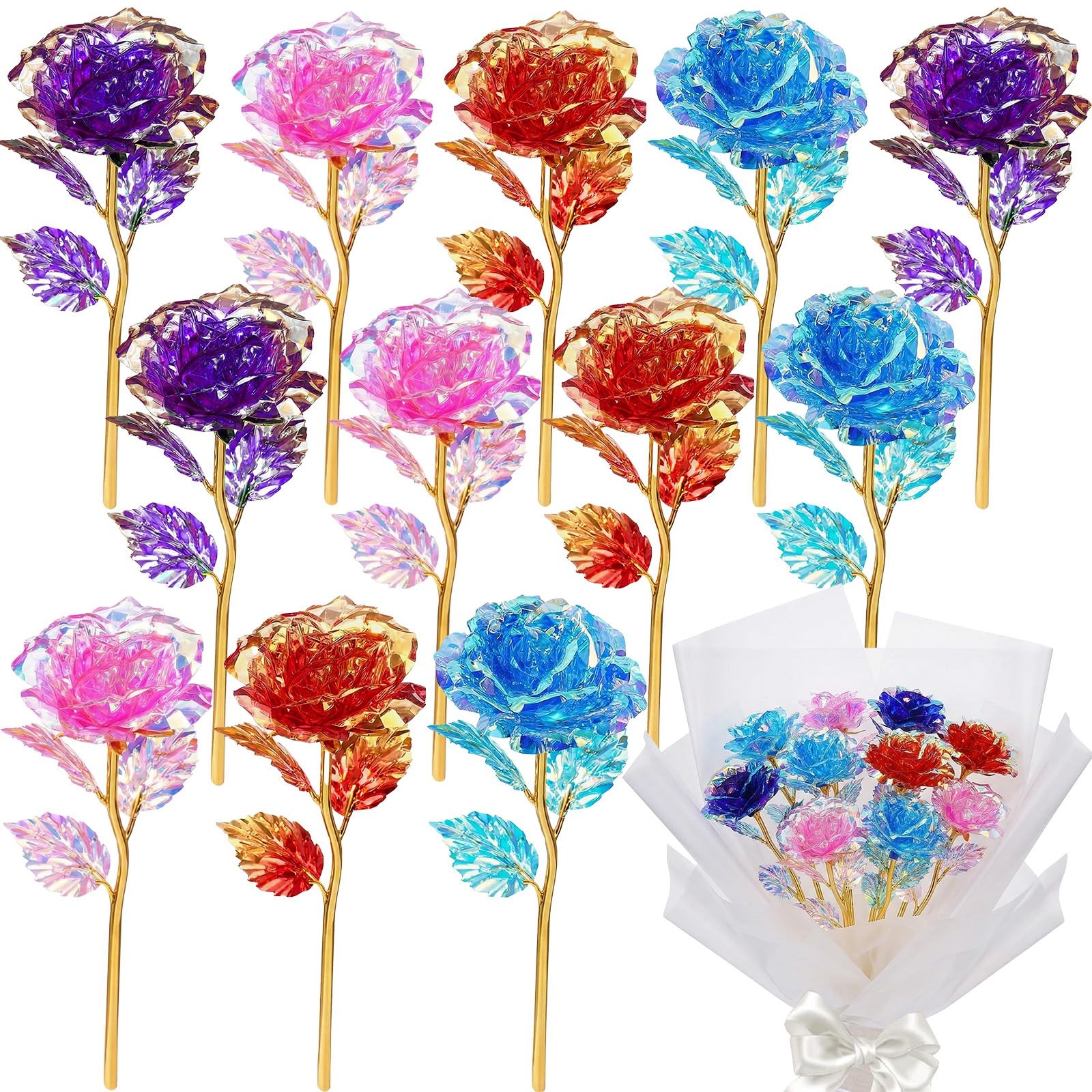 Wowagoga 12 Pcs 24K Galaxy Rose Artificial Flowers, 4 Colors 9 x 3 inches, 1