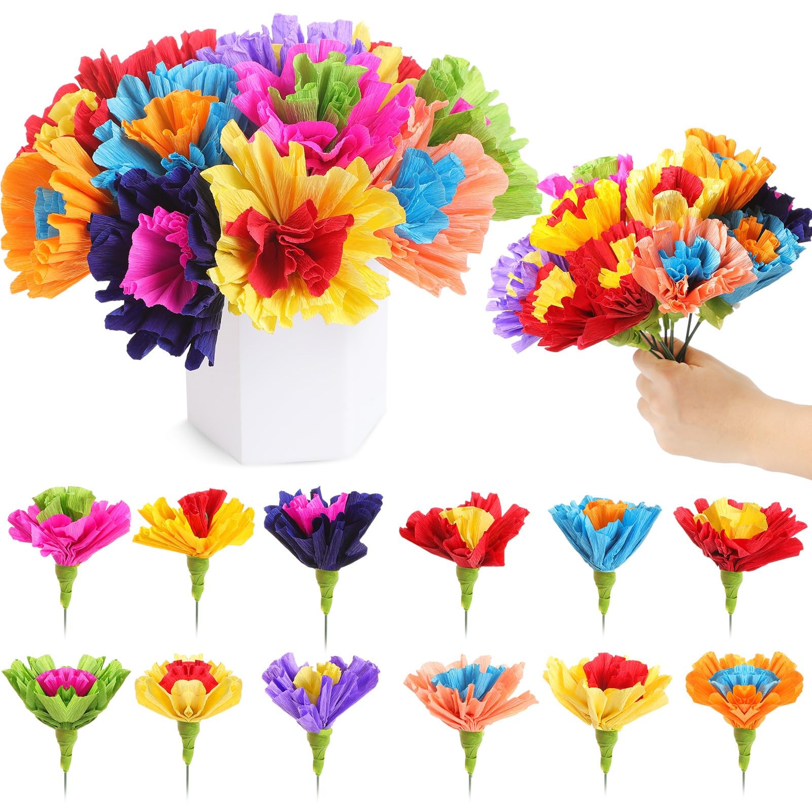 12 Pcs Mexican Artificial Rainbow Crepe Paper Flowers Bunch with Stems Mexica…