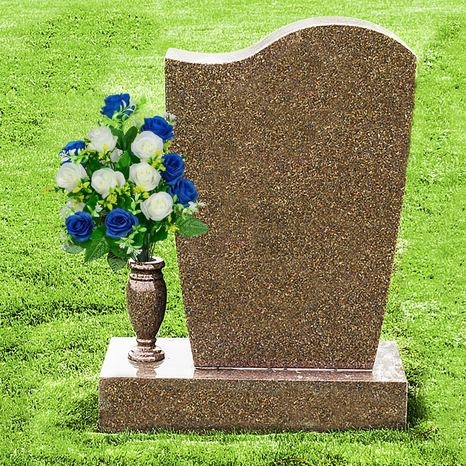 Cemetery Flowers Dark Blue & White Roses with Vases Memorial Headstone Set of 2
