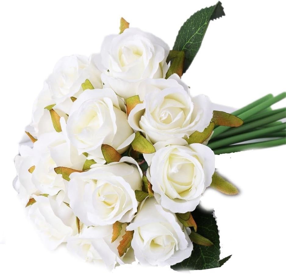 Stunning 12pc White Faux Silk Rose Bouquet – Ideal for Weddings & Parties