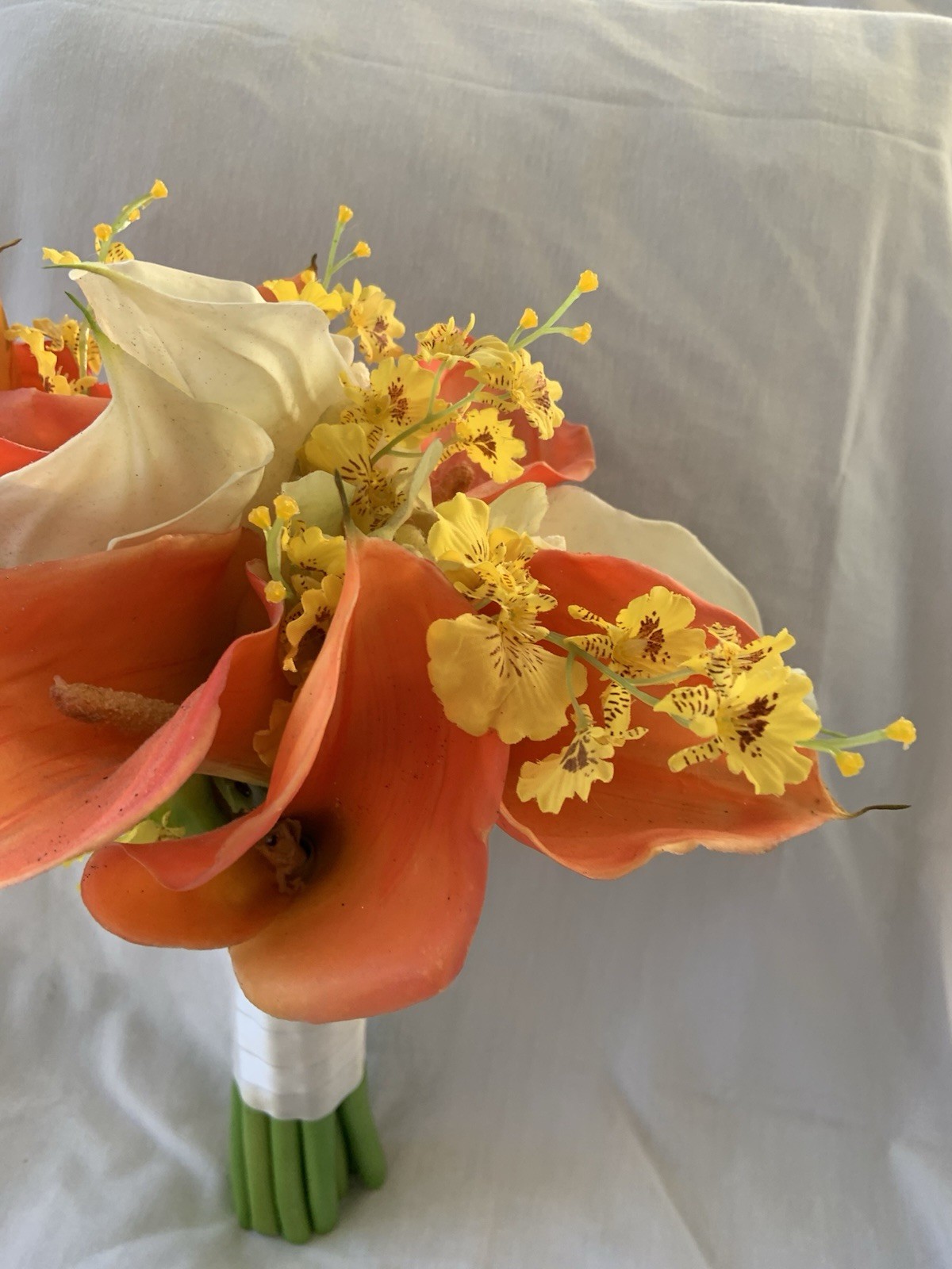 Bridal Prom Lily Bouquet Orange White Flowers Exotic Realistic Faux Rubber Soft
