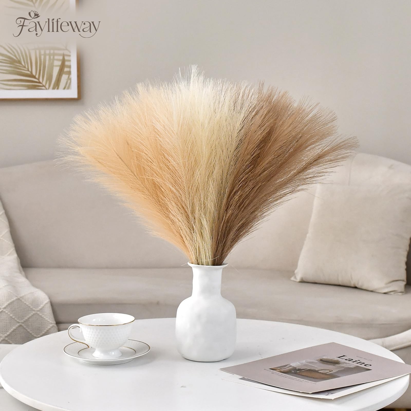 50PCS 17 Faux Pampas Grass, Sand Beige Light Brown, Fluffy, Vase Filler