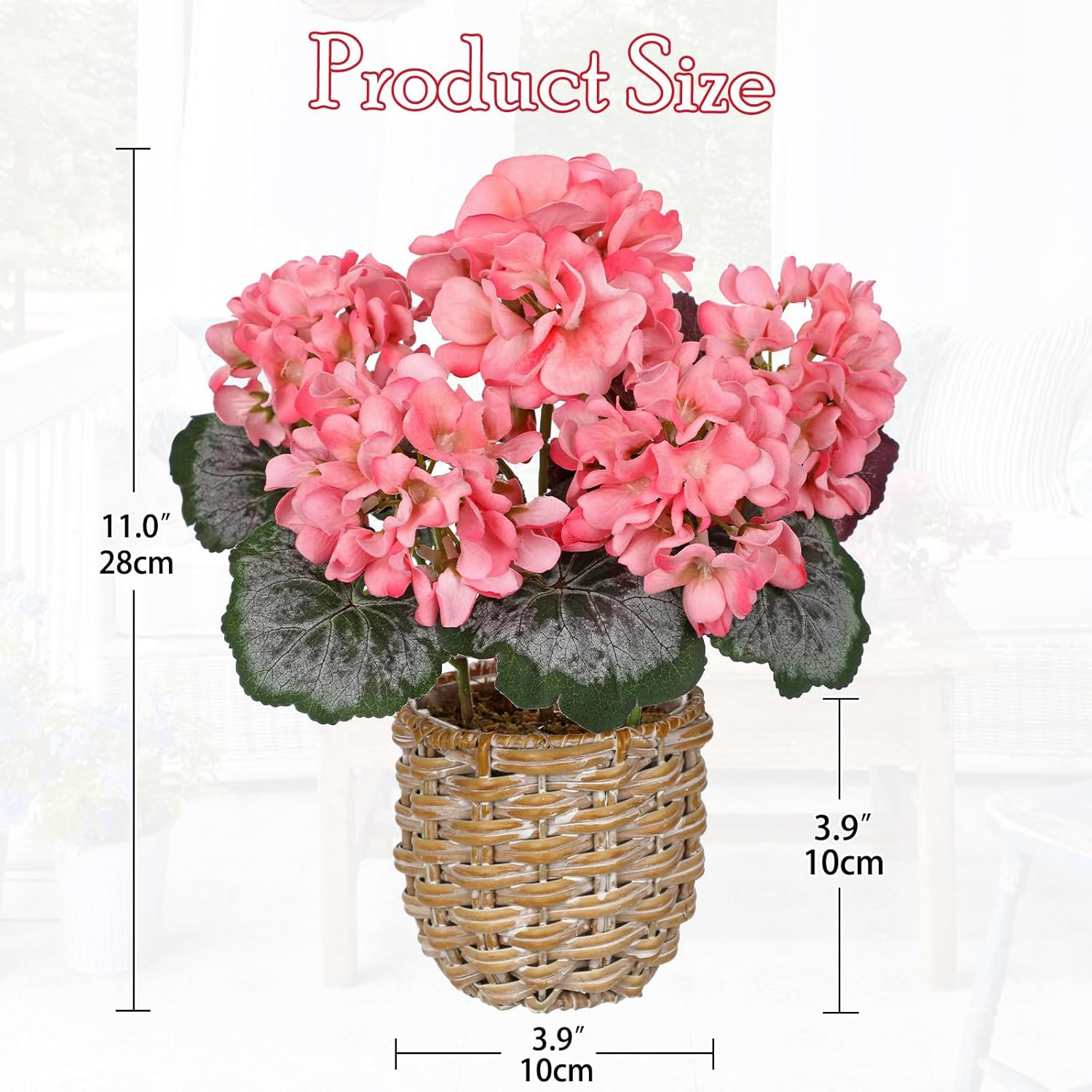 Artificial Pink Geranium Flowers in Woven Basket, 11’’ Tall Silk Flower Arrangem