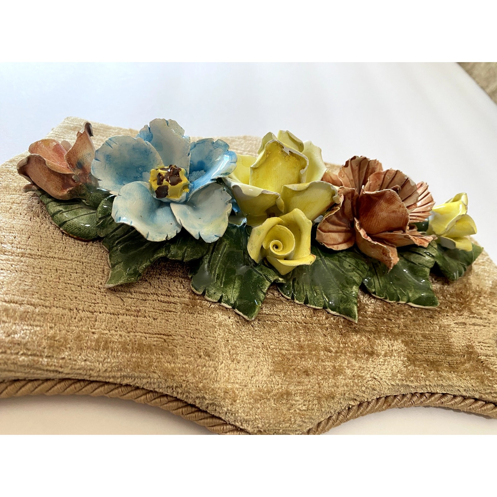Capodimonte Floral Wall Plaque Porcelain Italy 1960s Velvet Back Tassel 12”
