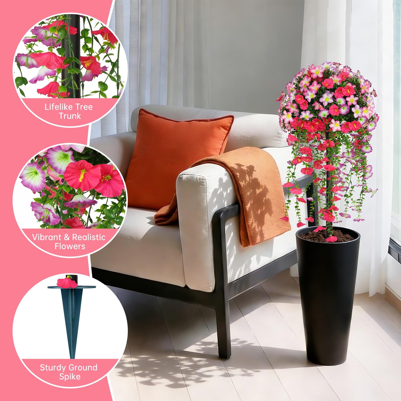Yangrass Artificial Topiary Ball Trees with Pink Morning Glory Flowers, 3FT F…