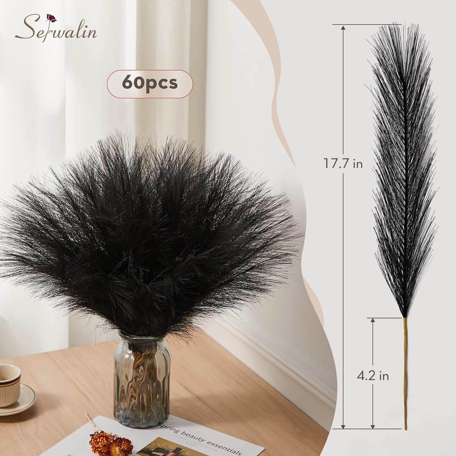 60 PCS Black Pampas Grass Decor 17.7 Inch Faux Fluffy Artificial Gothic