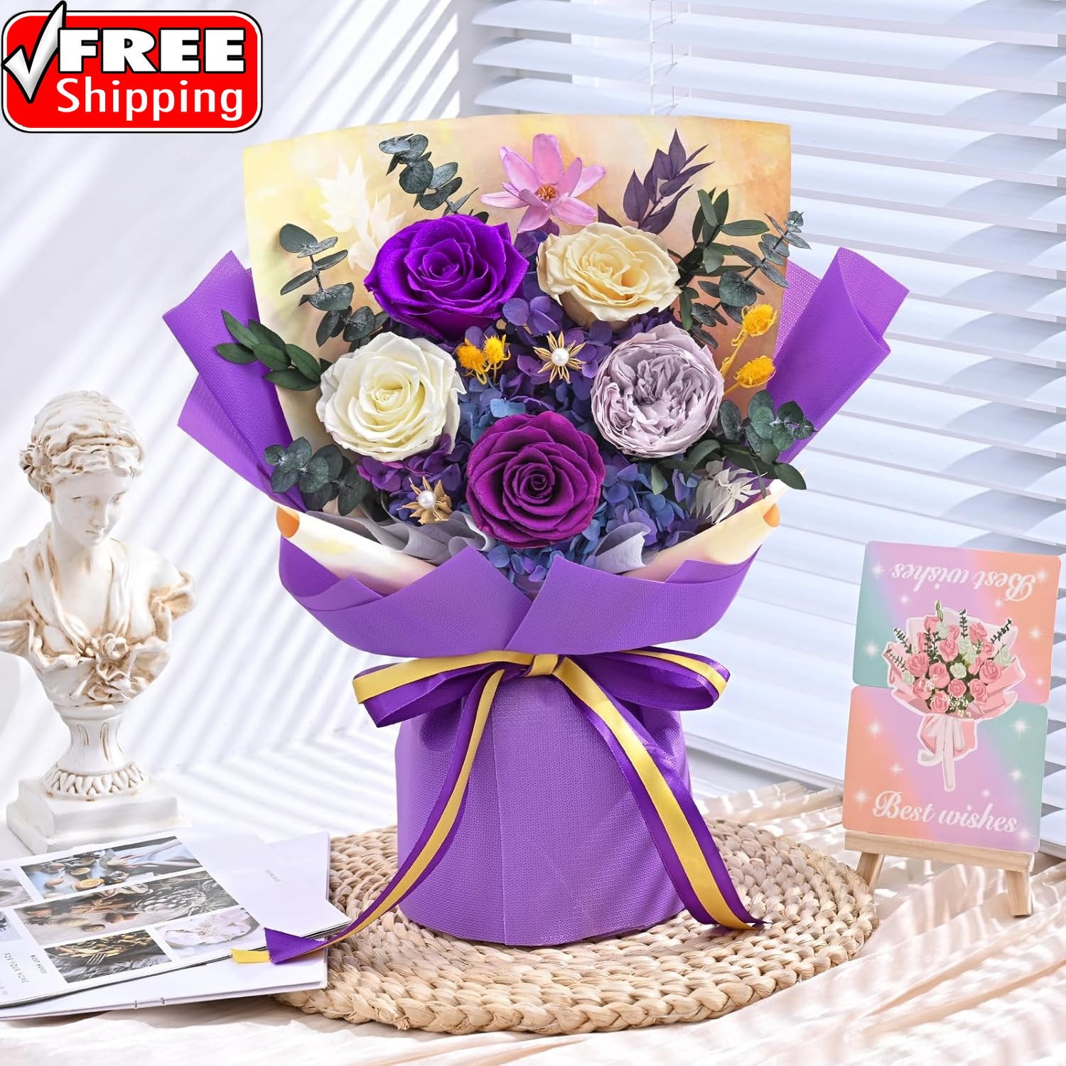 5 Pcs Glitter Purple Preserved Roses Flowers Bouquet, Forever Rose Flowers for D