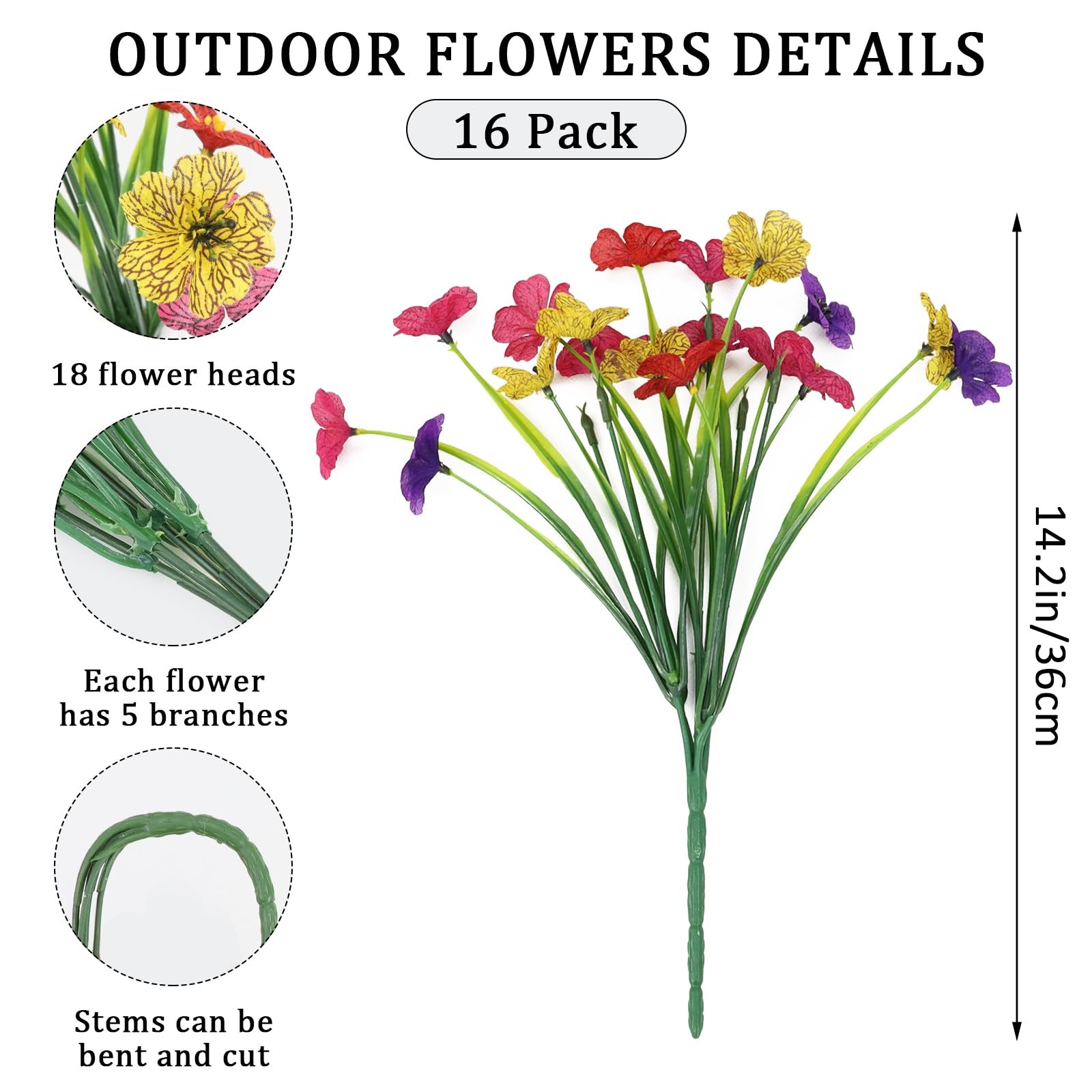 16 Bundles Colorful Artificial Flowers for Outdoors Realistic Fake Silk Flowe…