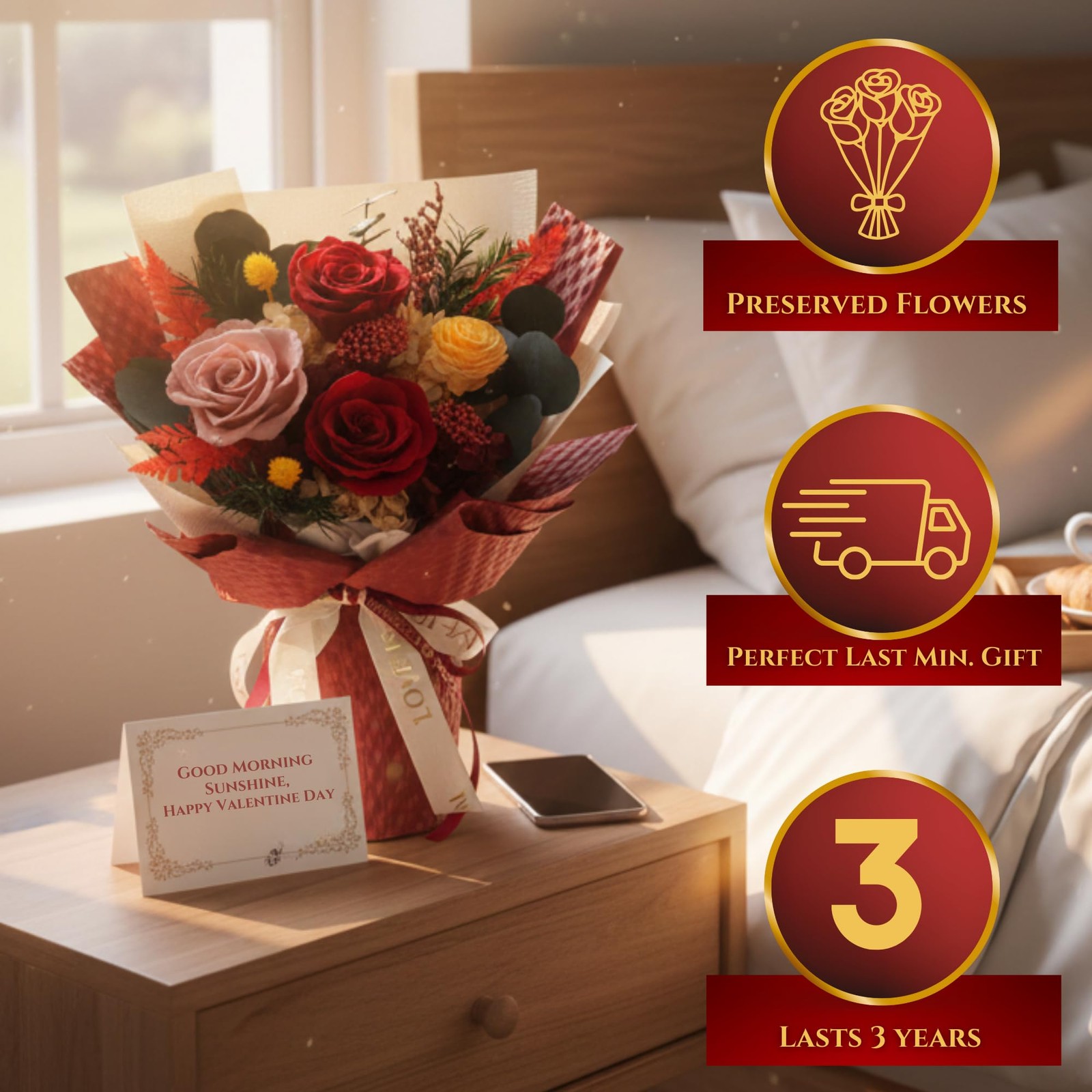 Red Preserved Roses Vase Forever Flowers Deep Red Bouquet Womens Gifts Decor