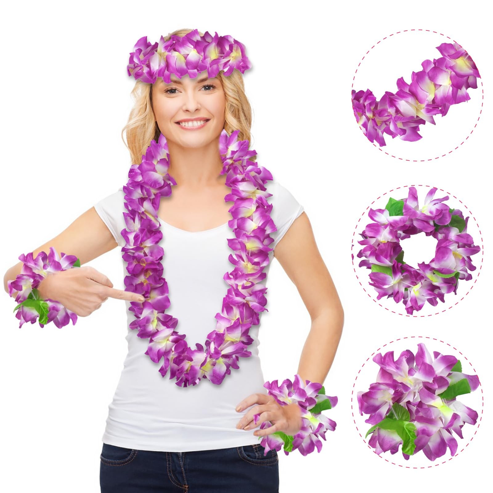 Hawaiian Leis Luau Party Wreath Set – Flower Necklace Headband and Bracelets,…