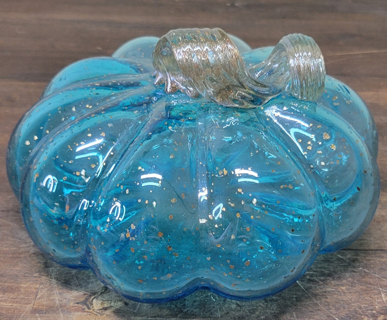 Glitzhome Blue Art Glass Pumpkin Metallic Stem Accent Fairy Fall Decor Gourd 8″