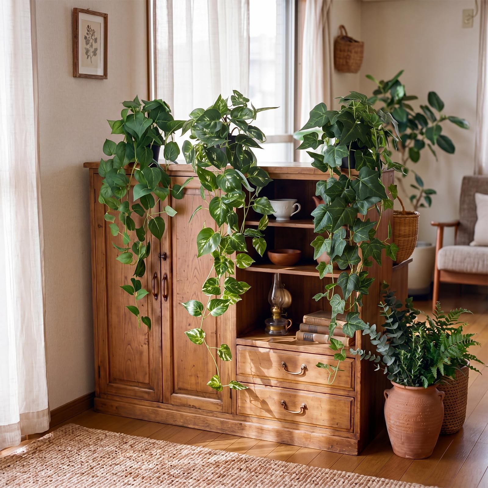 3 Pcs Fake Pothos Hanging Plants with Pot 31.49″ Artificial Silk Ivy Vines Re…