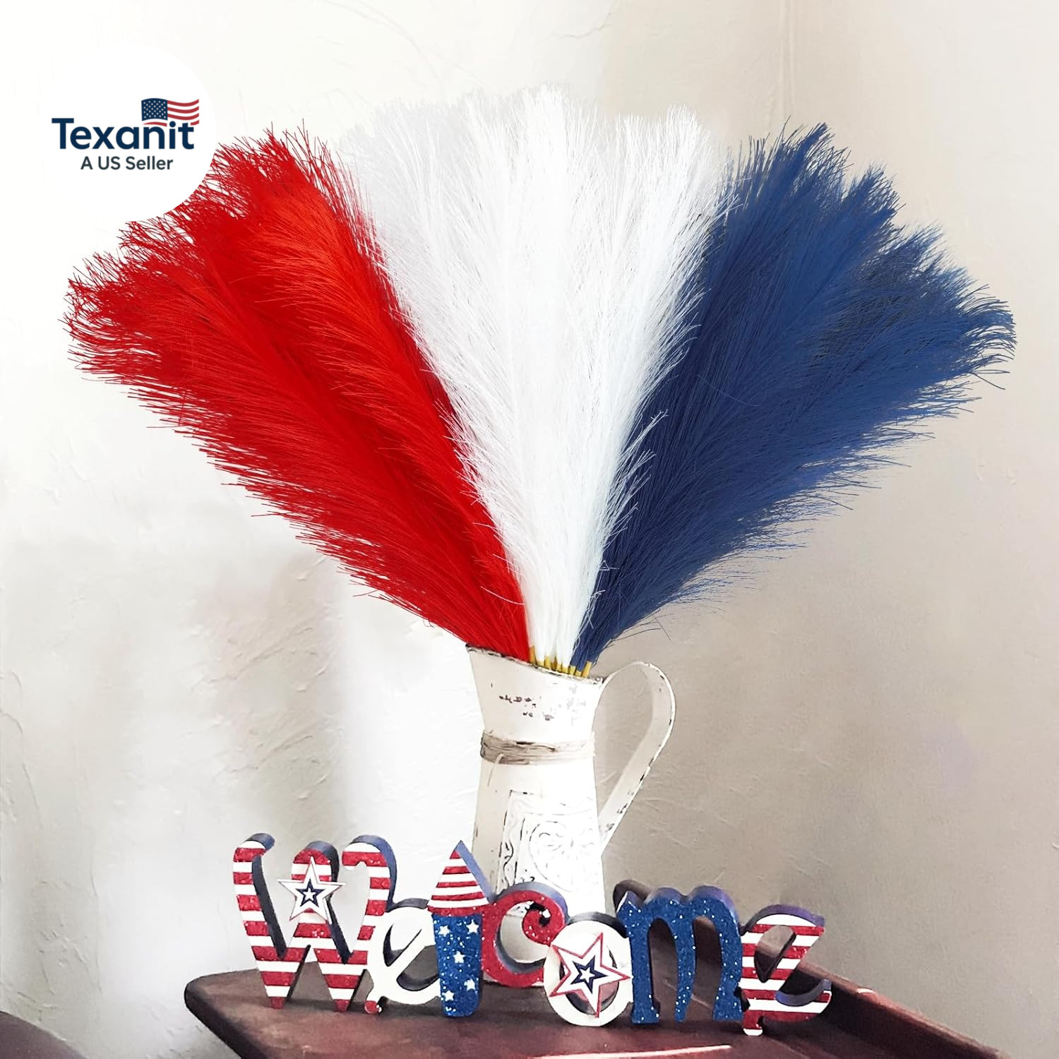 30Pcs 4Th of July Decorations Faux Pampas Grass, 21.6In Red White and Blue Artif