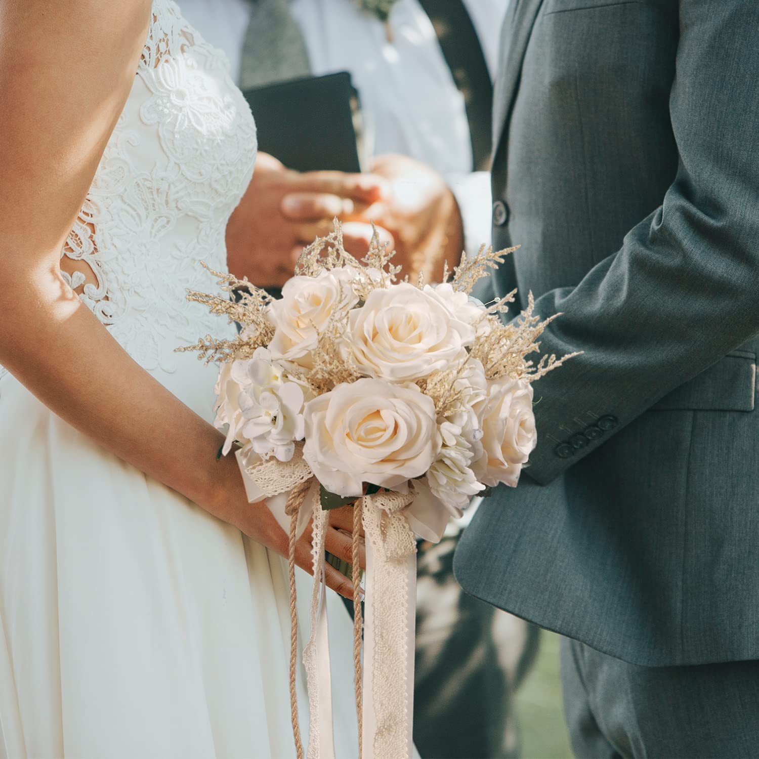 LEIFENY Artificial Plant, 1 Champagne White Rose Bridal Bouquet, 8.6 x 10.2 x…
