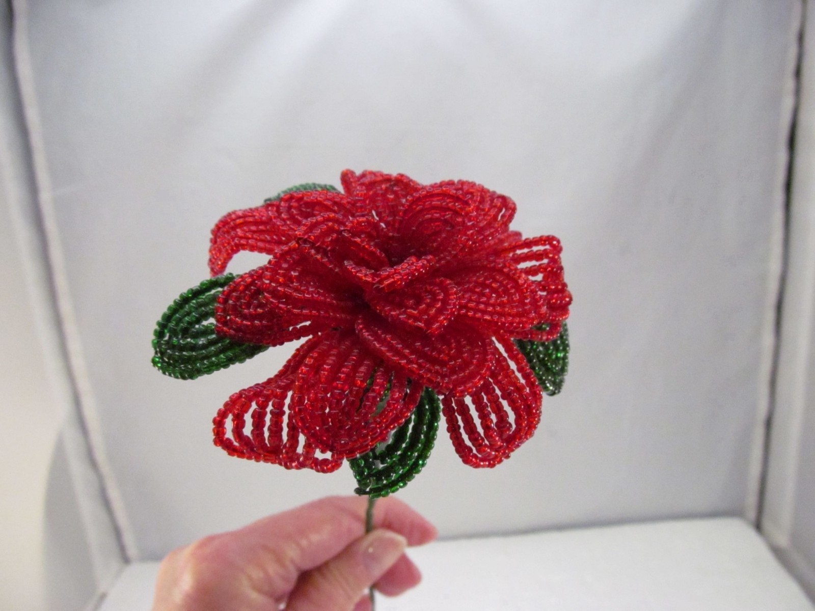 Handcrafted Red & Green French Beaded Flower with Stem Home Decor Gift 11 inch