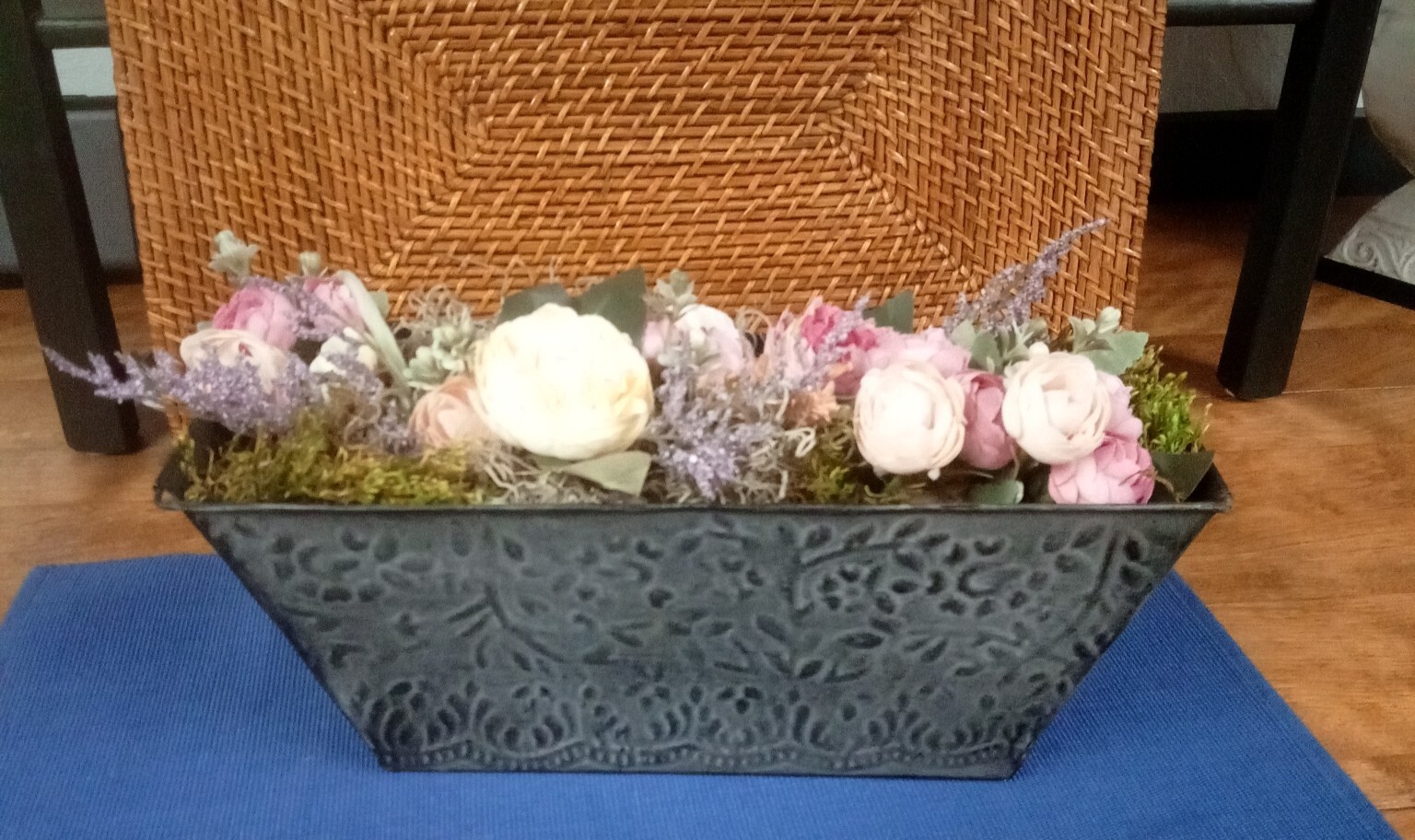 Silk Floral Arrangement Centerpiece In Metal Tin Embossed Container 13 x 5 x 5