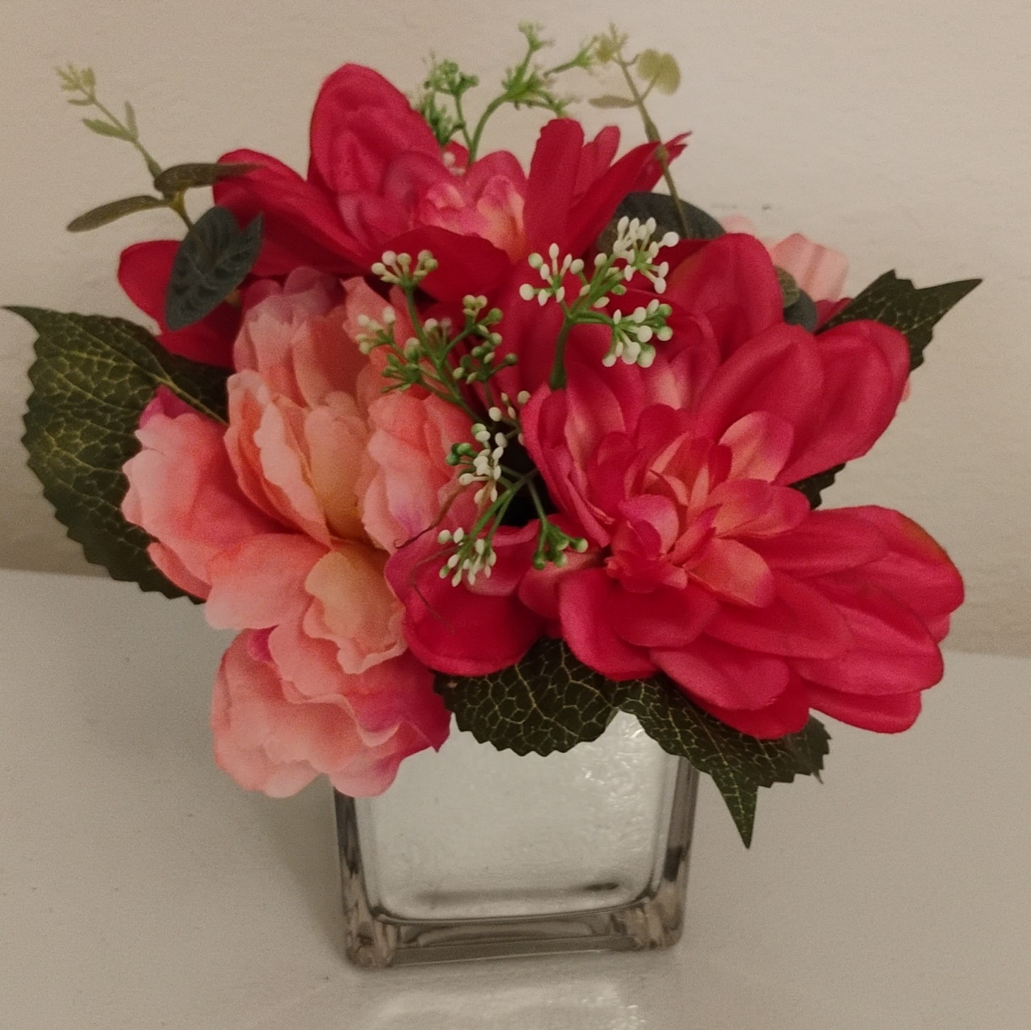 Artificial Pink Red & Green Peony Flower Arrangement in Clear Square Glass Vase