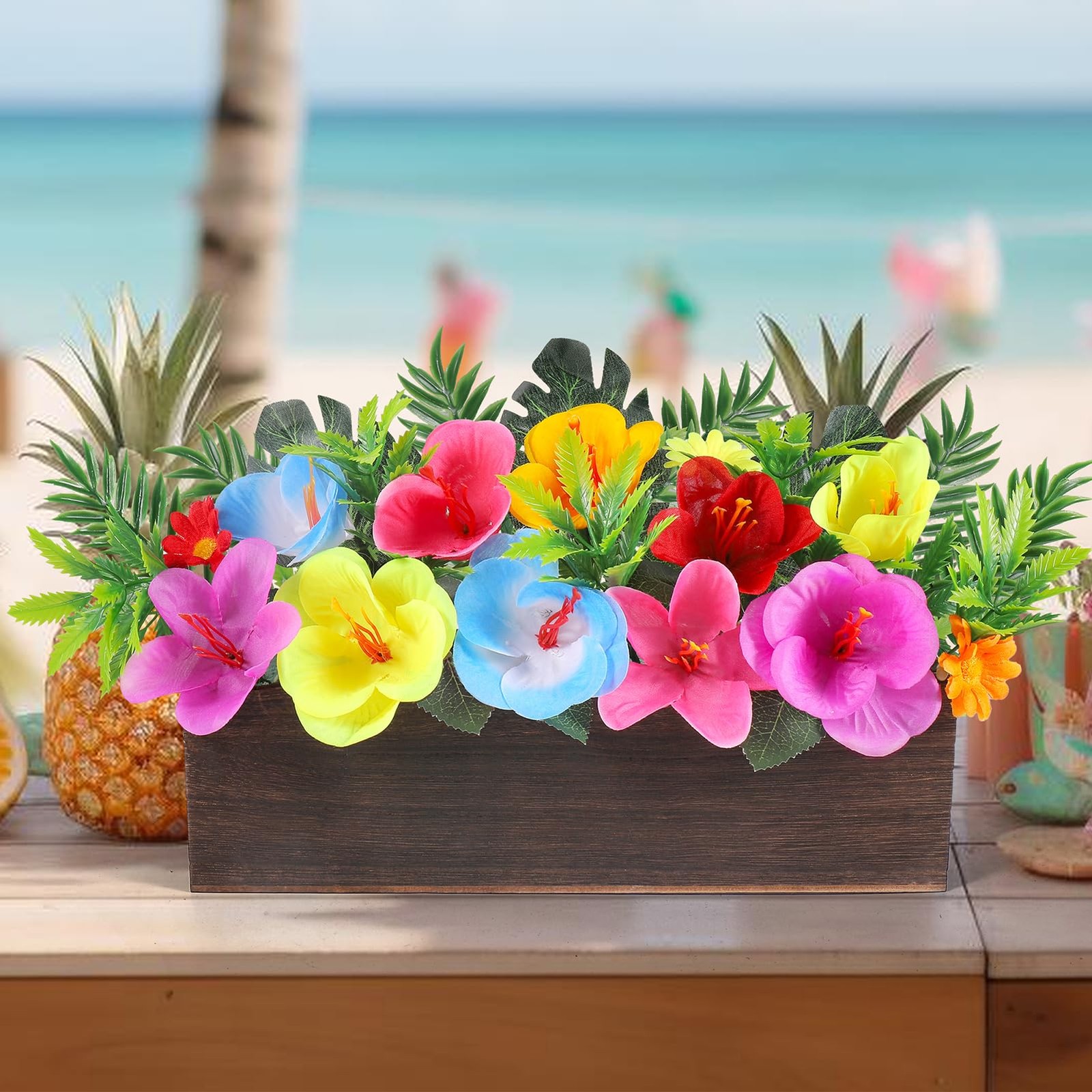 Hawaiian Table Centerpieces Artificial Hibiscus Flowers Arrangements Wooden C…
