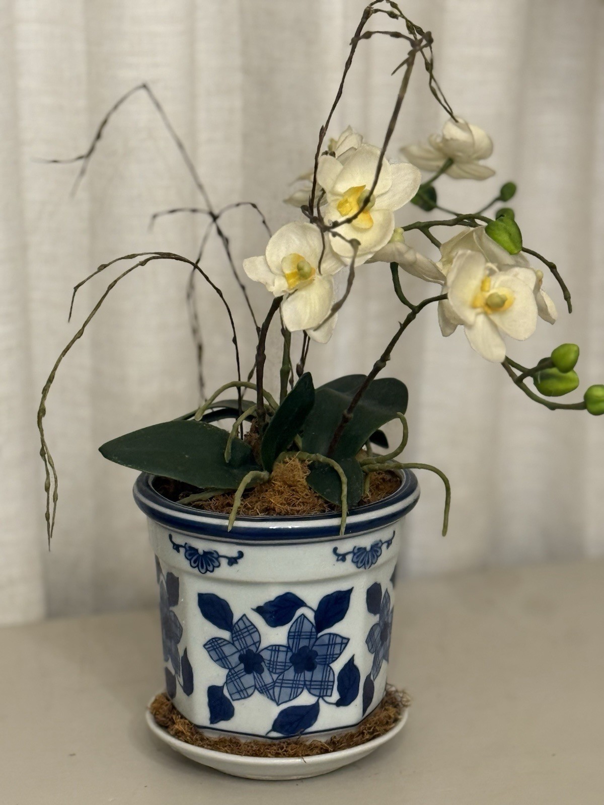 16″ Faux White Orchid Artificial Floral Arrangement Blue White Chinoiserie Pot
