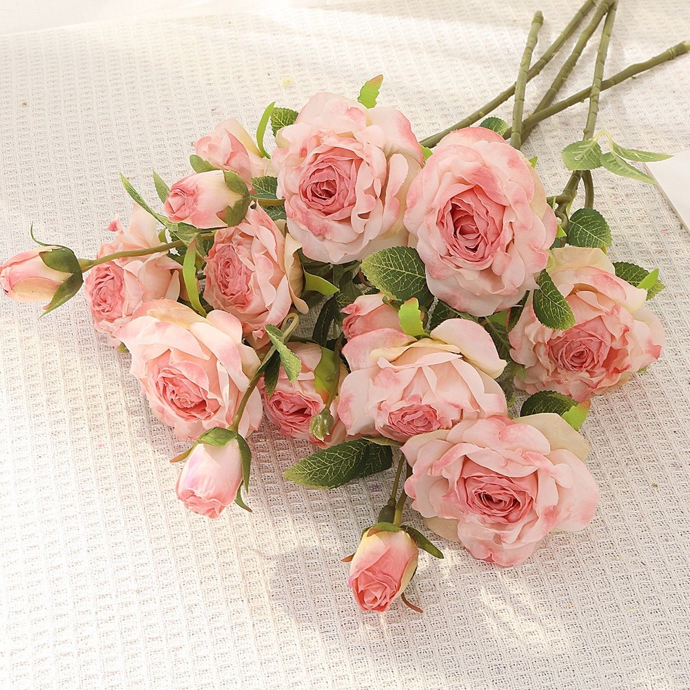 Burnt Edge Artificial Roses 5 Pack 20.5 in Silk Floral Stems Pink White Red