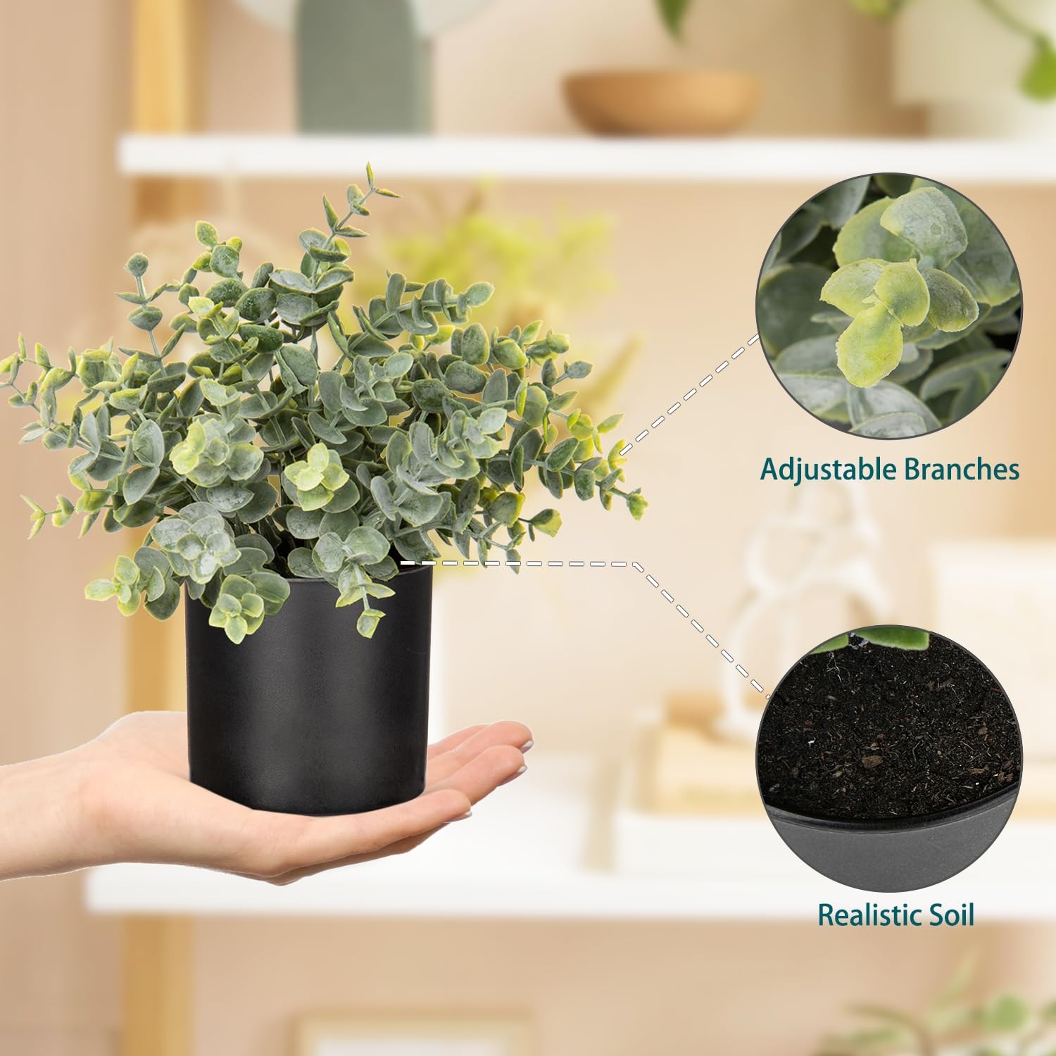 3 Pack Small Fake Plants for Shelf Decor Accents with Plastic Black Pot Artif…