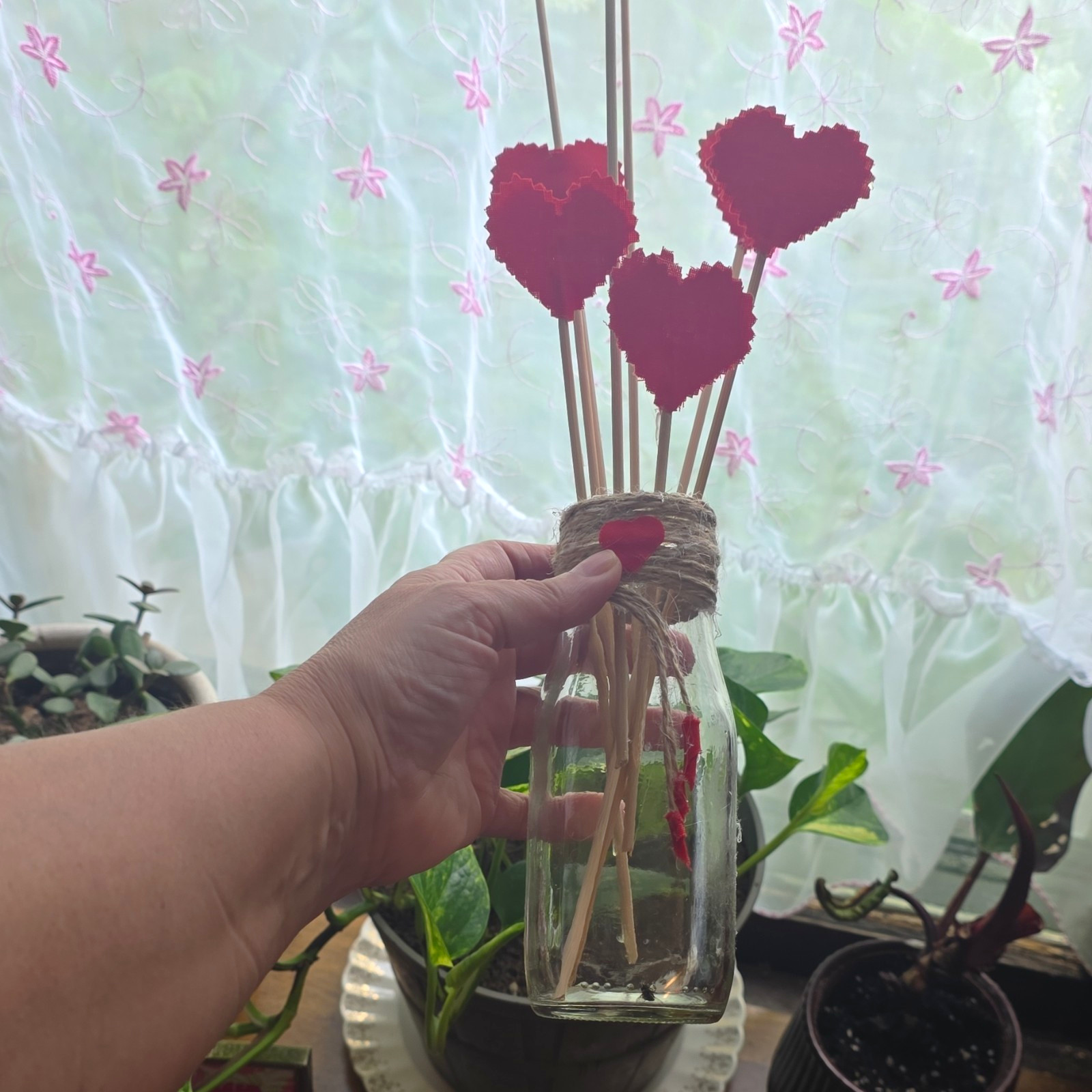 Artificial Red Heart Floral Arrangement Centerpiece Glass Bottle Jar Twine Wrap