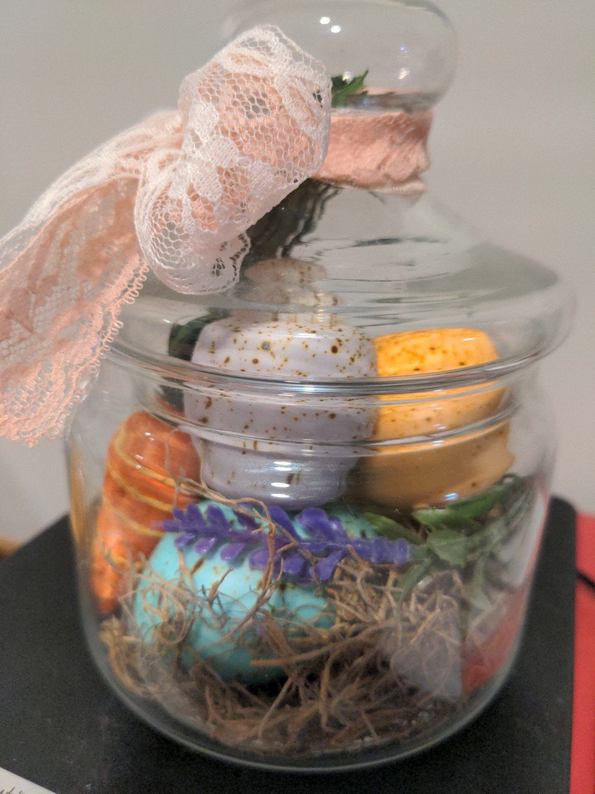 Clear Glass Apothecary Jar~Repurposed~Easter Decor~Eggs Carrot Lavender