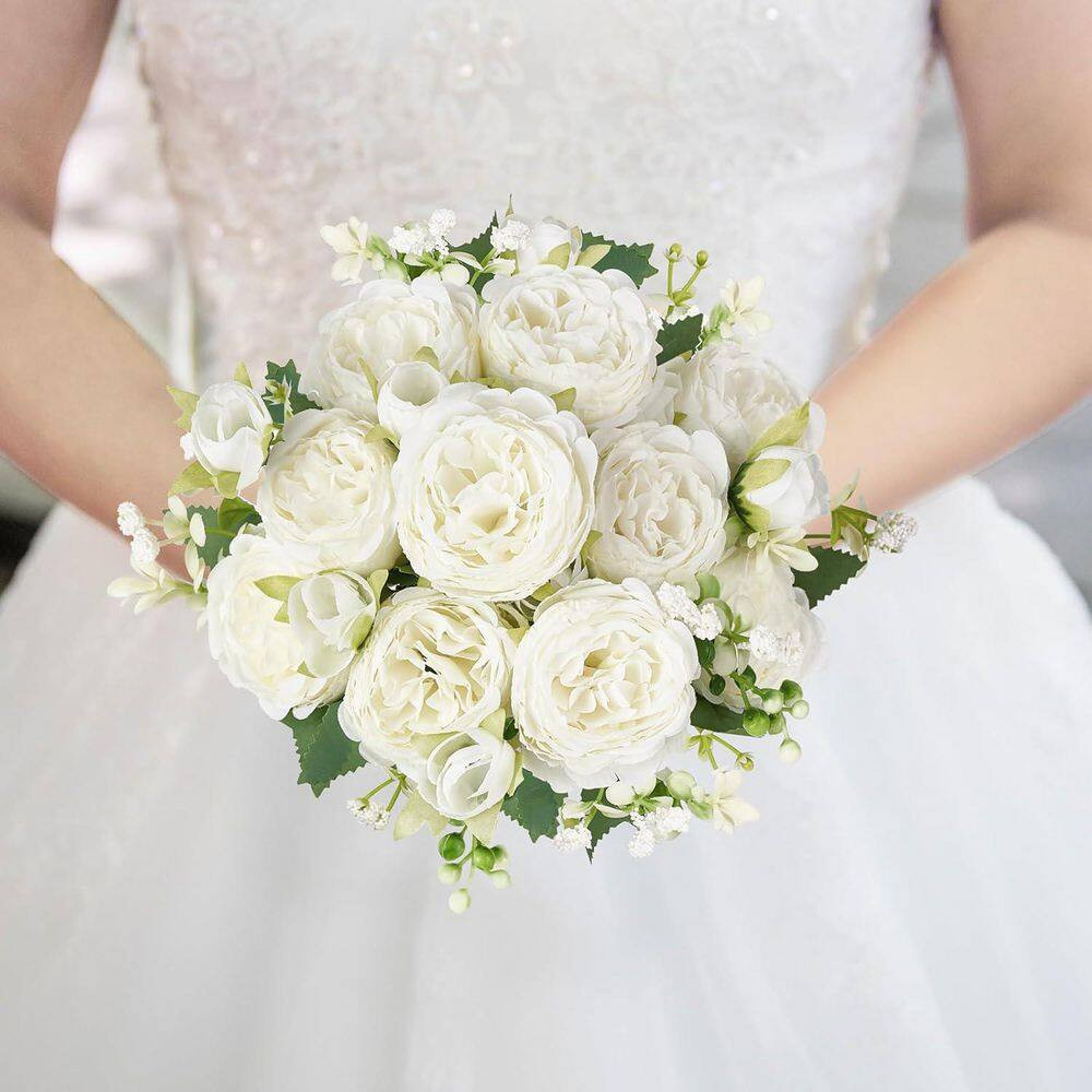 12.6 In. White Indoor Artificial Peony Flowers in Silk Bouquets for Home Decor