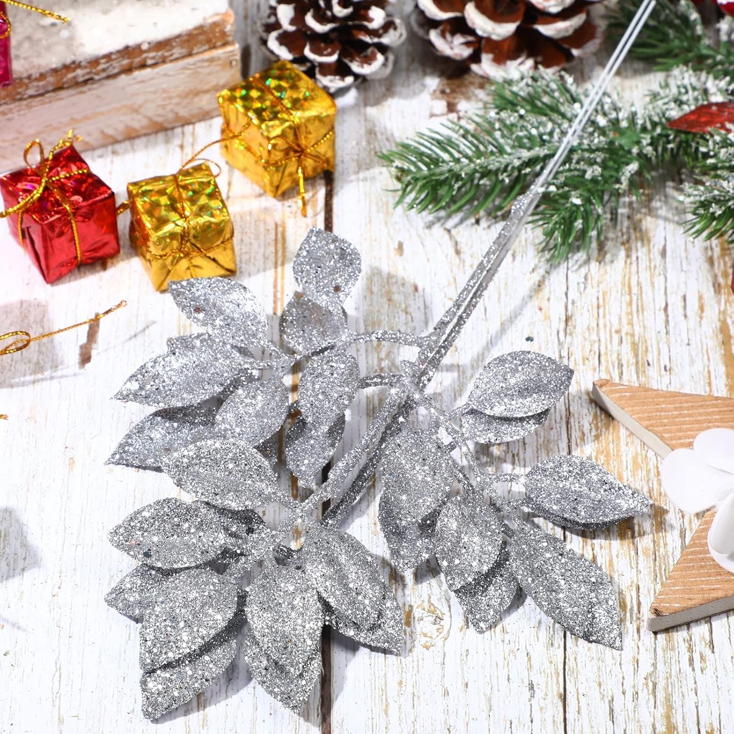 30 Pcs Christmas Glitter Leaves Picks 12 Inch Artificial Xmas Tree Silver