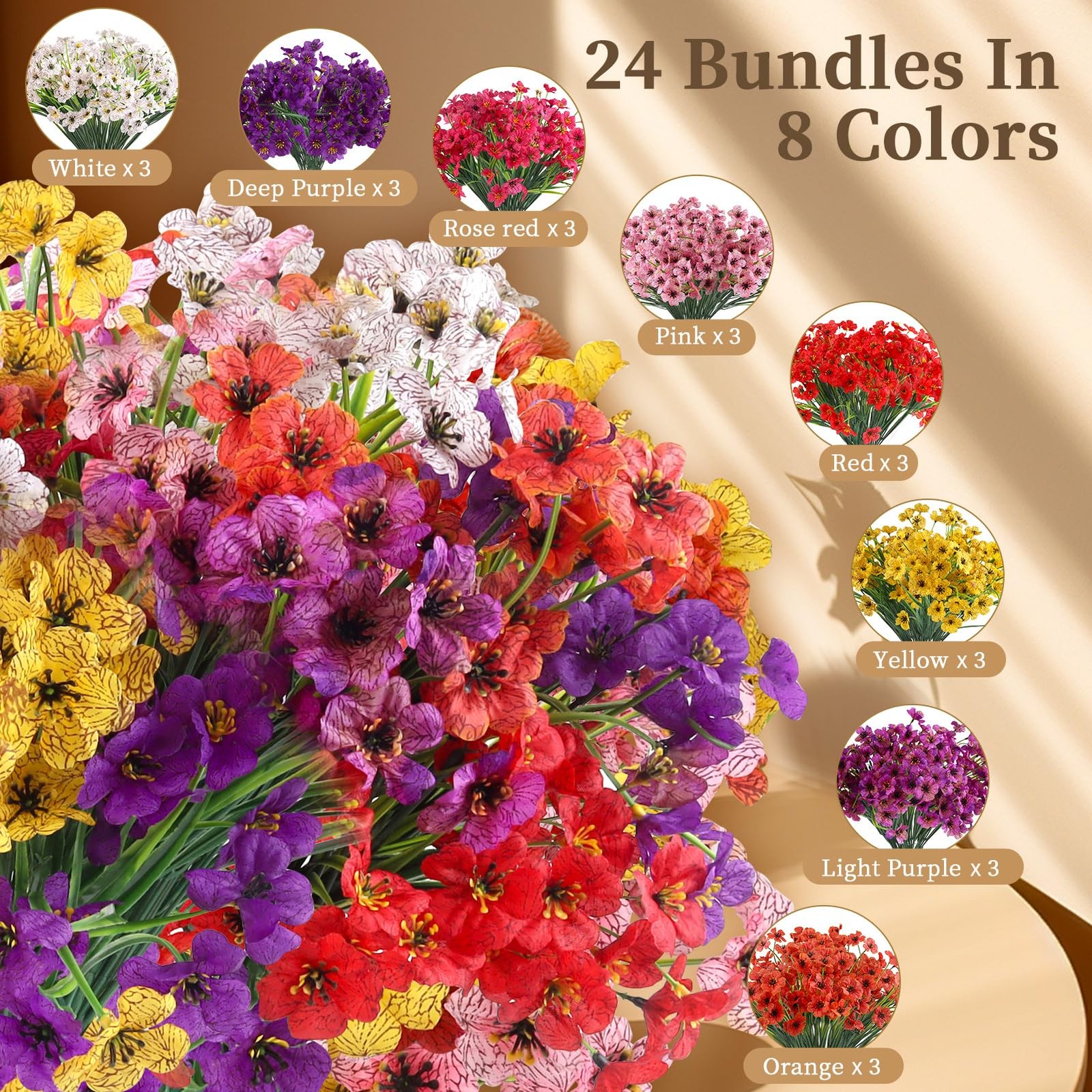 24 Bundles Artificial Flowers for Outdoors/Indoors, Fake Flowers Plants for I…