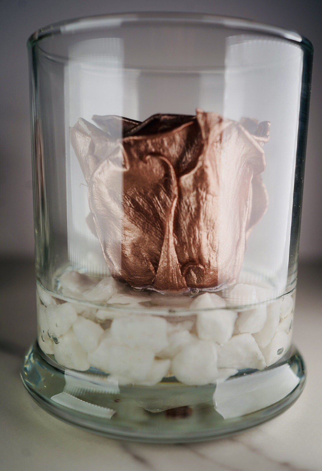 Real Rose Gift in Glass Jar Base White Stones Metallic Rose Gold Gift For Gf