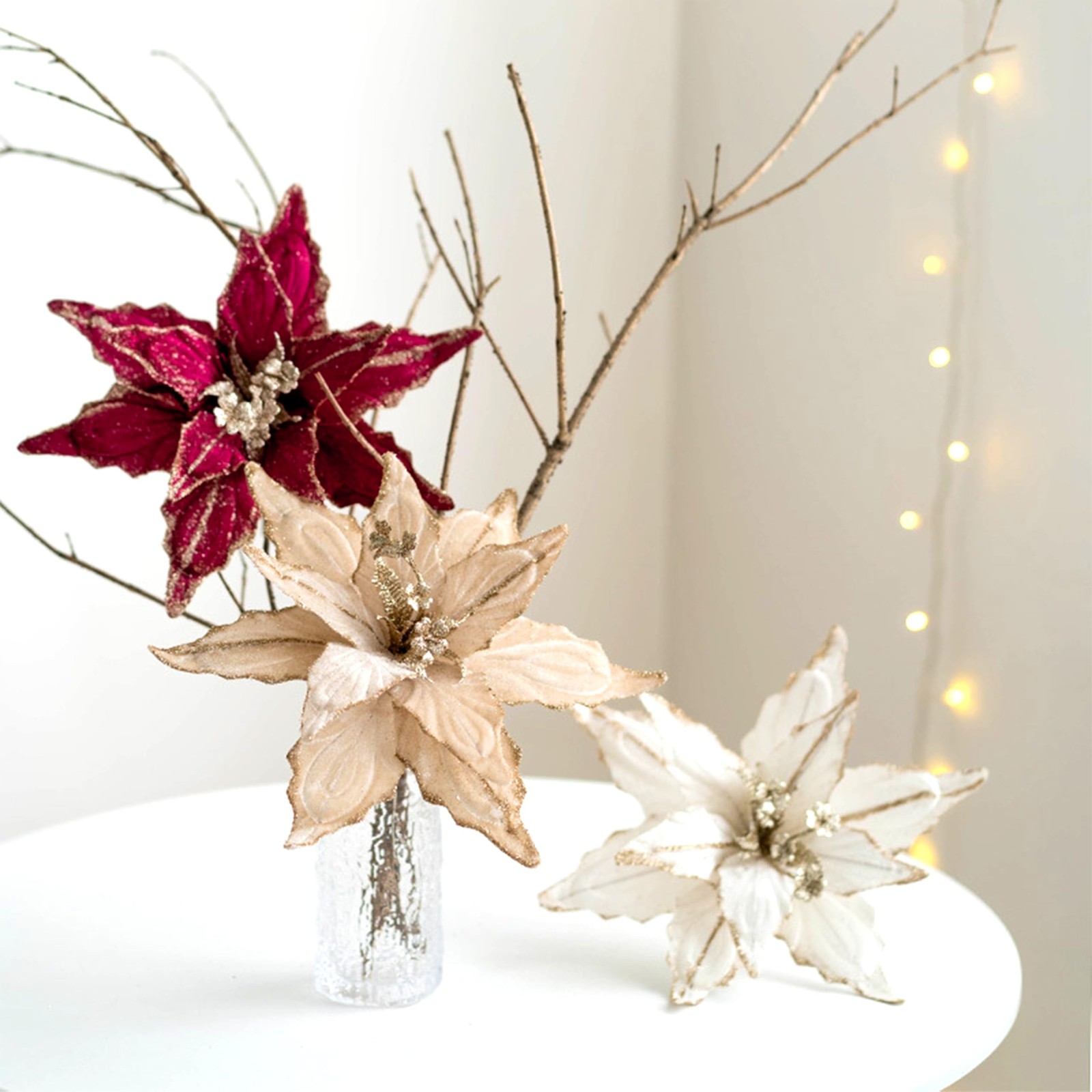 6 PCS Burgundy 11 Inch Artificial Red Velvet Poinsettia Flowers Glitter Decor