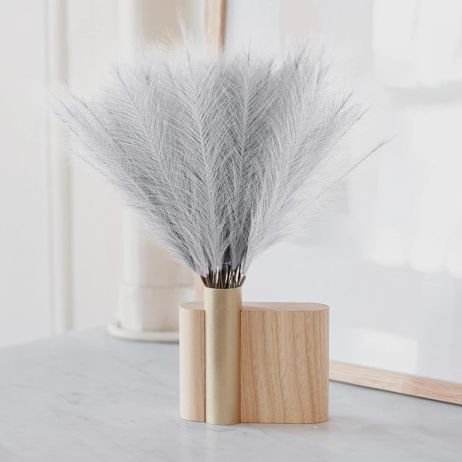 50pcs Faux Pampas Grass Grey, 21.6″ Short Artificial Pompous Grass Floral Fake